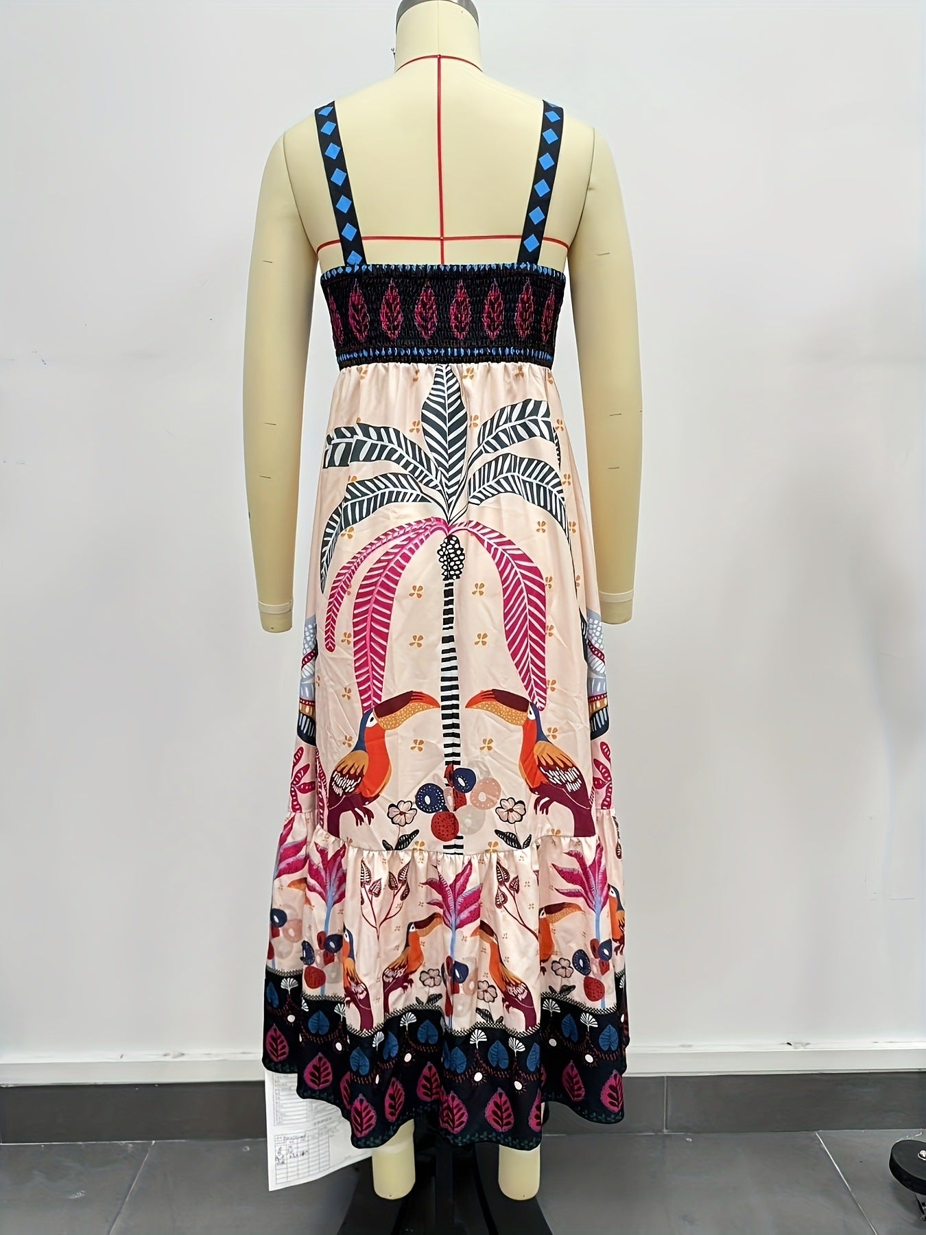 Tropical Toucan & Palm Print Maxi Dress with Strappy Bodice