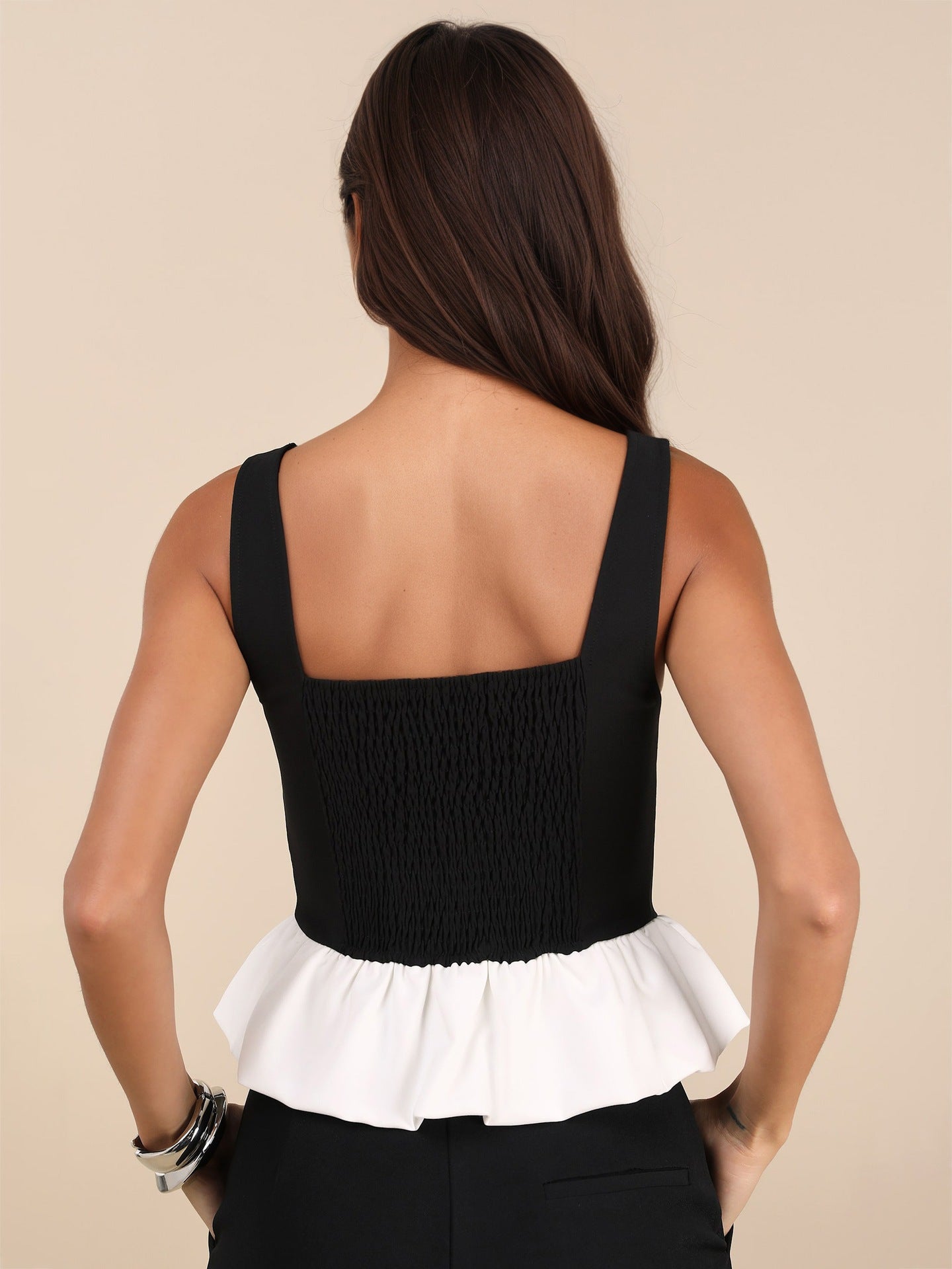 Sleeveless Color Block Top with Square Neck and Peplum Hem