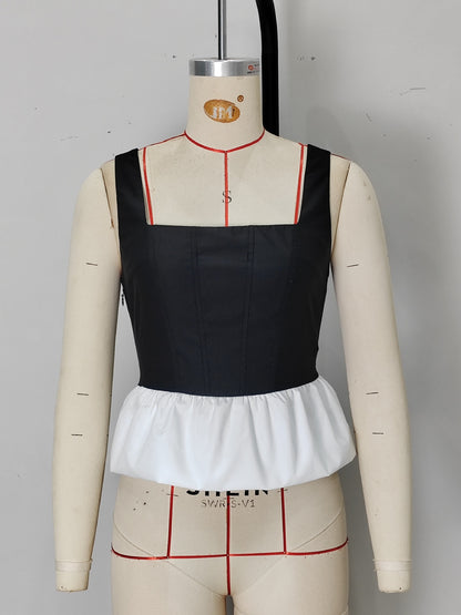 Sleeveless Color Block Top with Square Neck and Peplum Hem