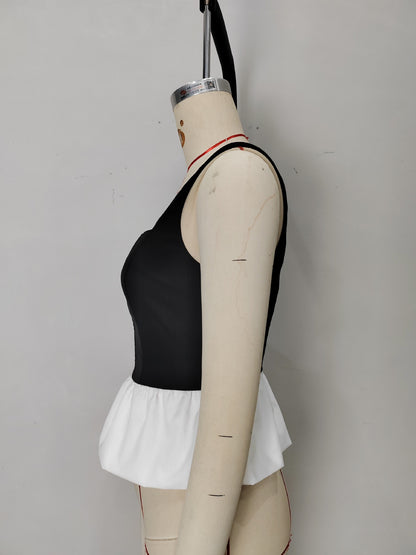Sleeveless Color Block Top with Square Neck and Peplum Hem