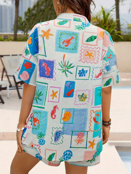Tropical Print Open-Front Short-Sleeved Shirt and Shorts Set