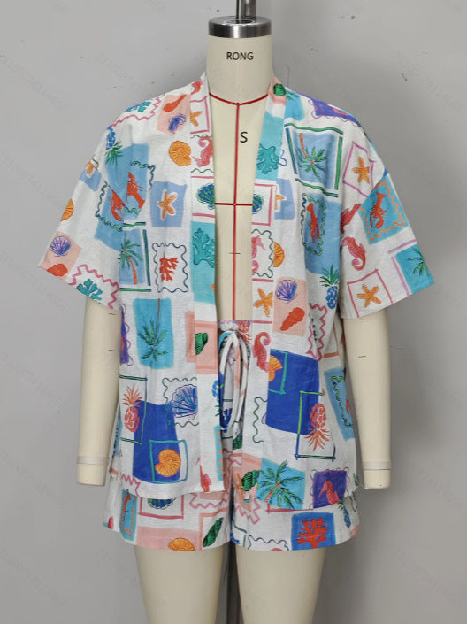 Tropical Print Open-Front Short-Sleeved Shirt and Shorts Set