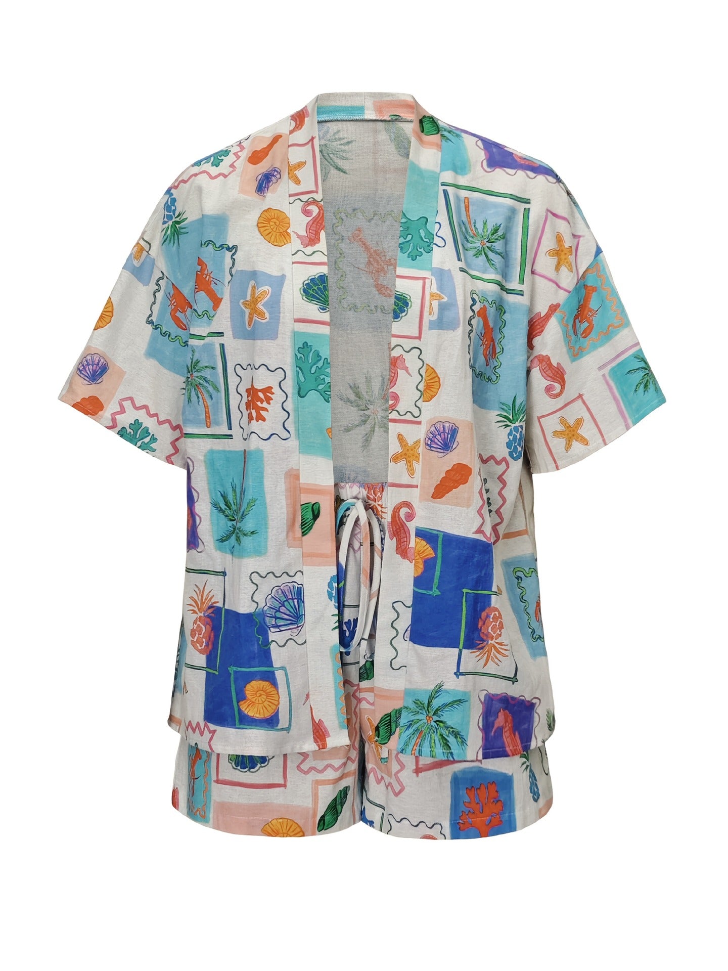 Tropical Print Open-Front Short-Sleeved Shirt and Shorts Set