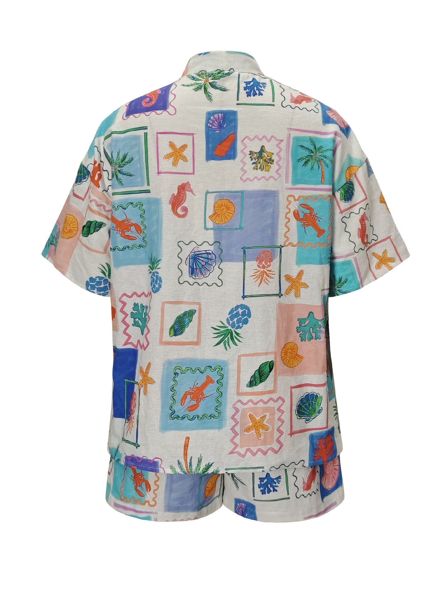Tropical Print Open-Front Short-Sleeved Shirt and Shorts Set