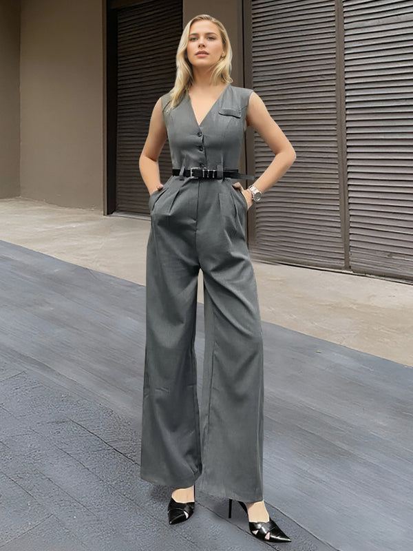 Wide-Leg Jumpsuit with V-Neck Vest and Belted Waist
