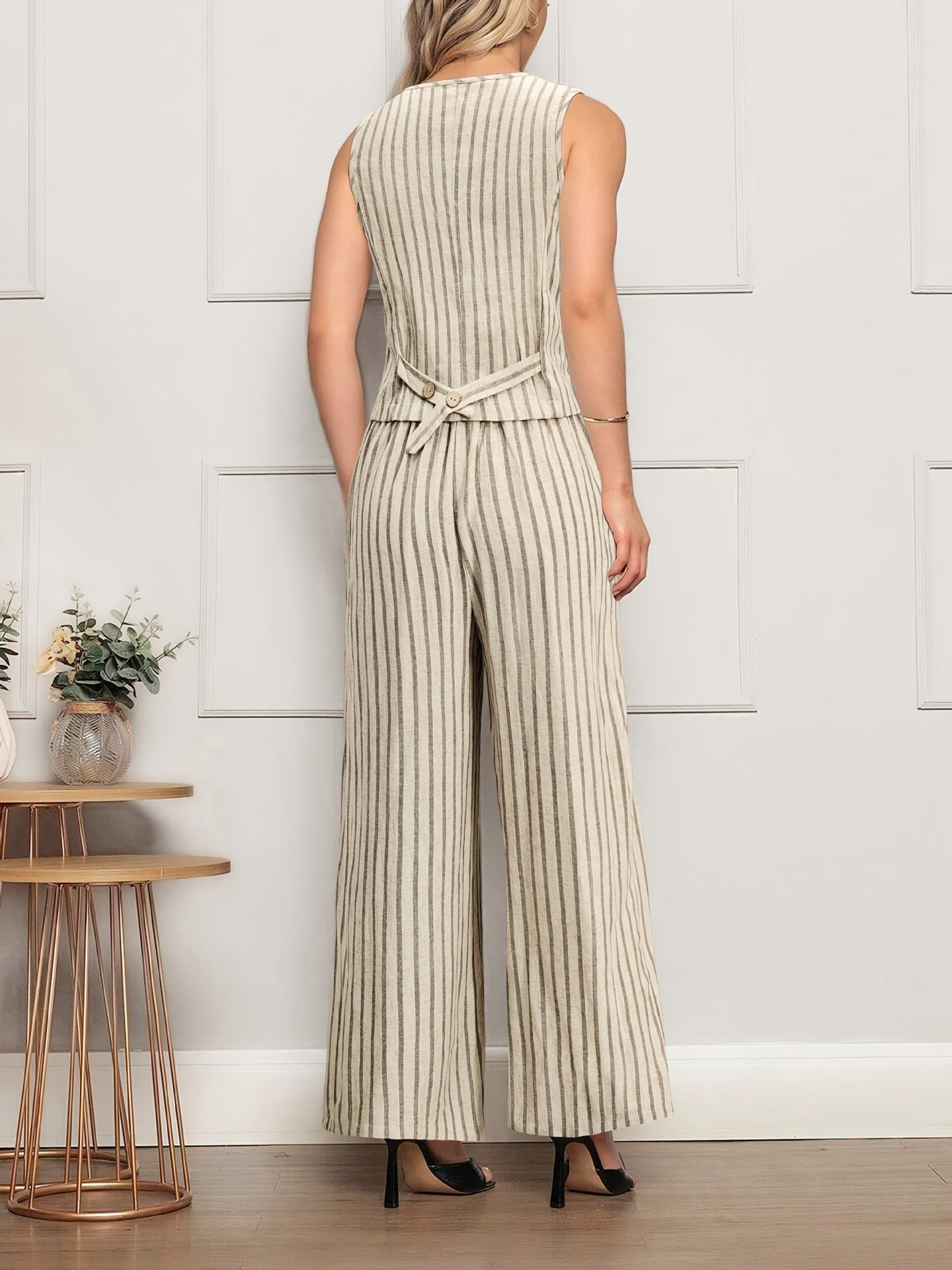 Striped Two-Piece Set with Linen Blend Vest and Wide-Leg Trousers