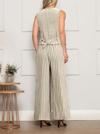 Striped Two-Piece Set with Linen Blend Vest and Wide-Leg Trousers