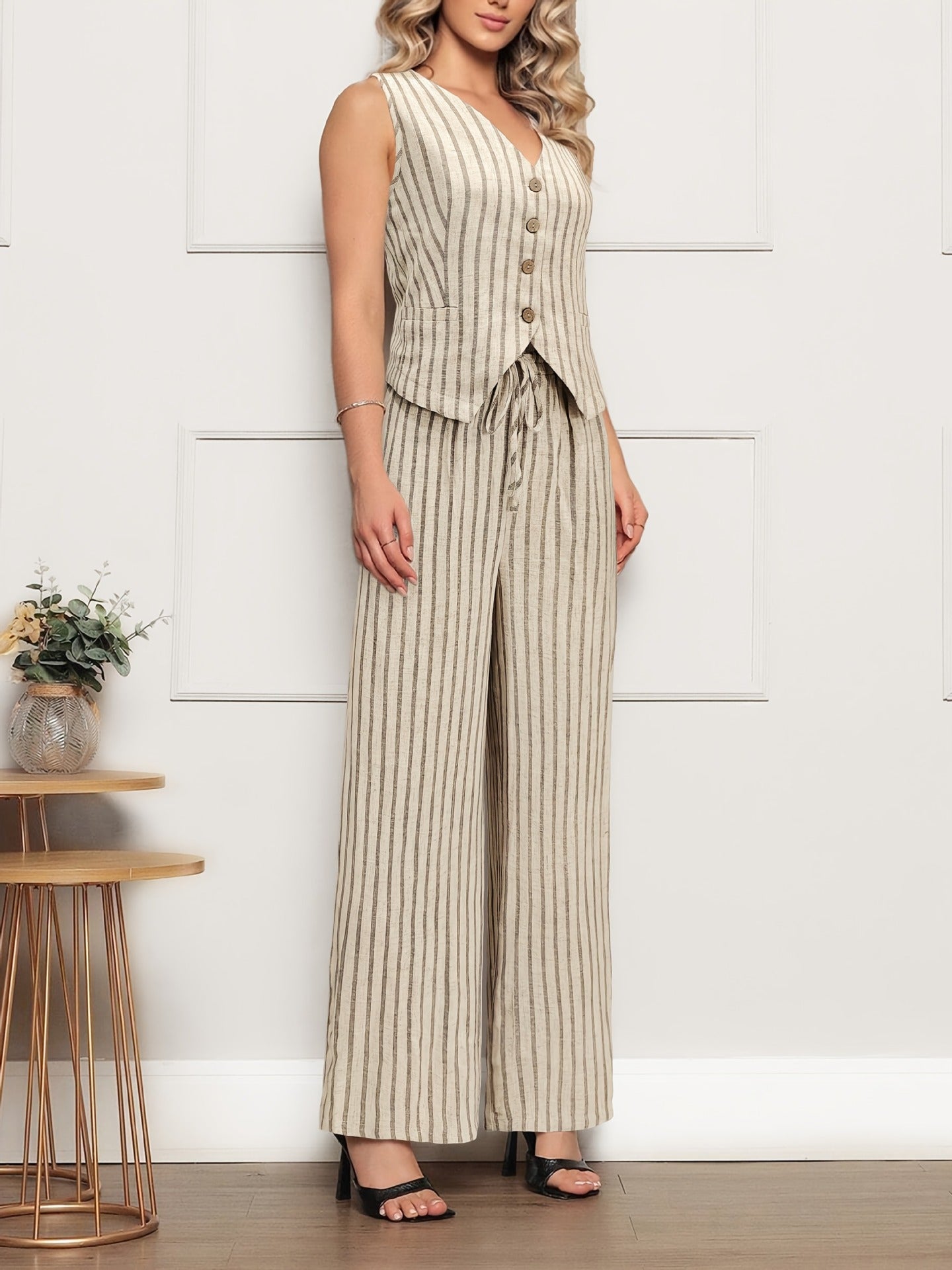 Striped Two-Piece Set with Linen Blend Vest and Wide-Leg Trousers