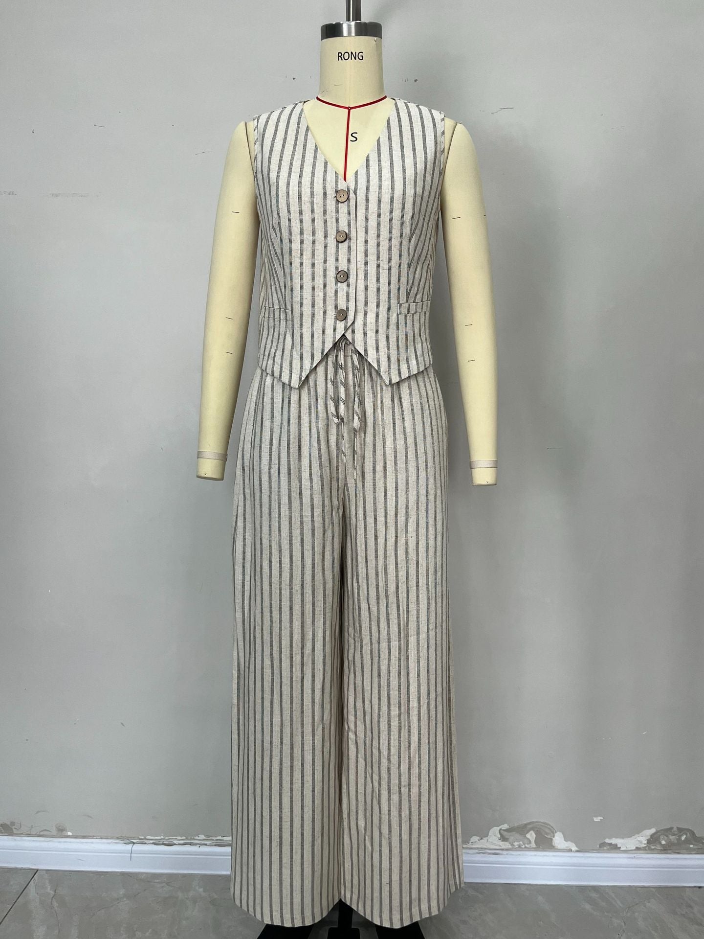 Striped Two-Piece Set with Linen Blend Vest and Wide-Leg Trousers