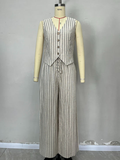 Striped Two-Piece Set with Linen Blend Vest and Wide-Leg Trousers