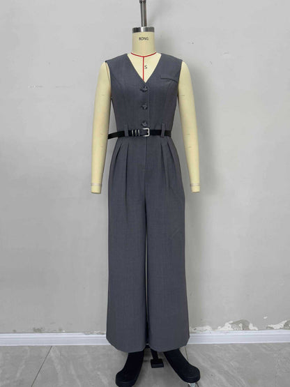Wide-Leg Jumpsuit with V-Neck Vest and Belted Waist