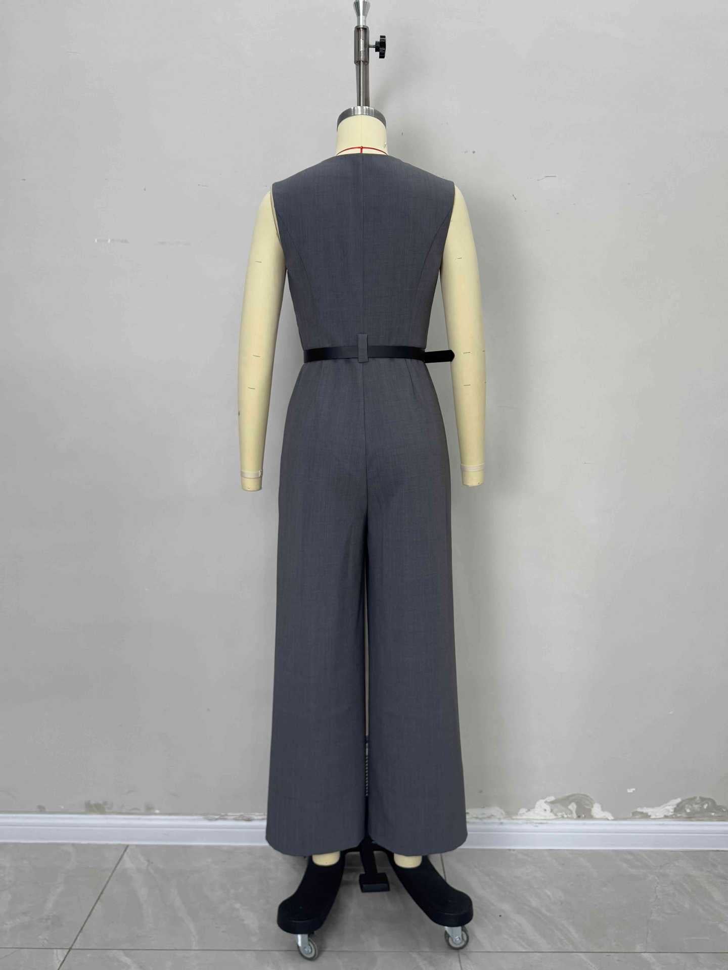 Wide-Leg Jumpsuit with V-Neck Vest and Belted Waist