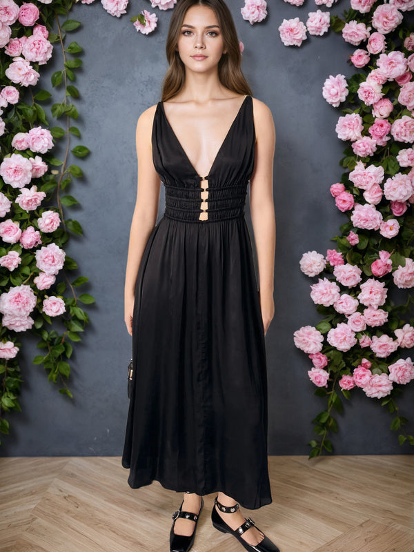 A-Line Maxi Dress with Deep V-Neck and Ruched Waist