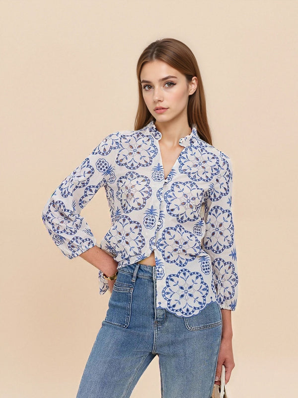 Blue and White Floral Blouse with Ruffled Collar and Scalloped Hem