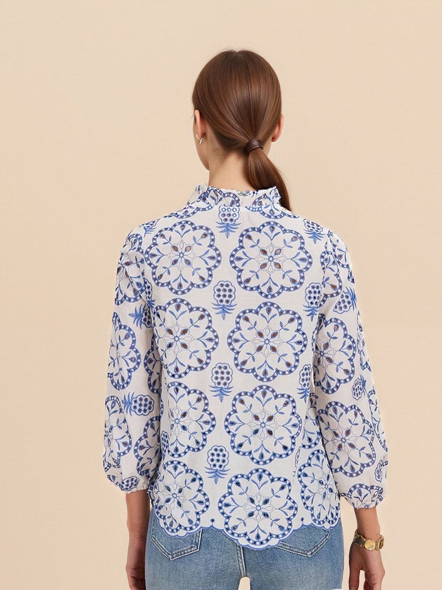 Blue and White Floral Blouse with Ruffled Collar and Scalloped Hem