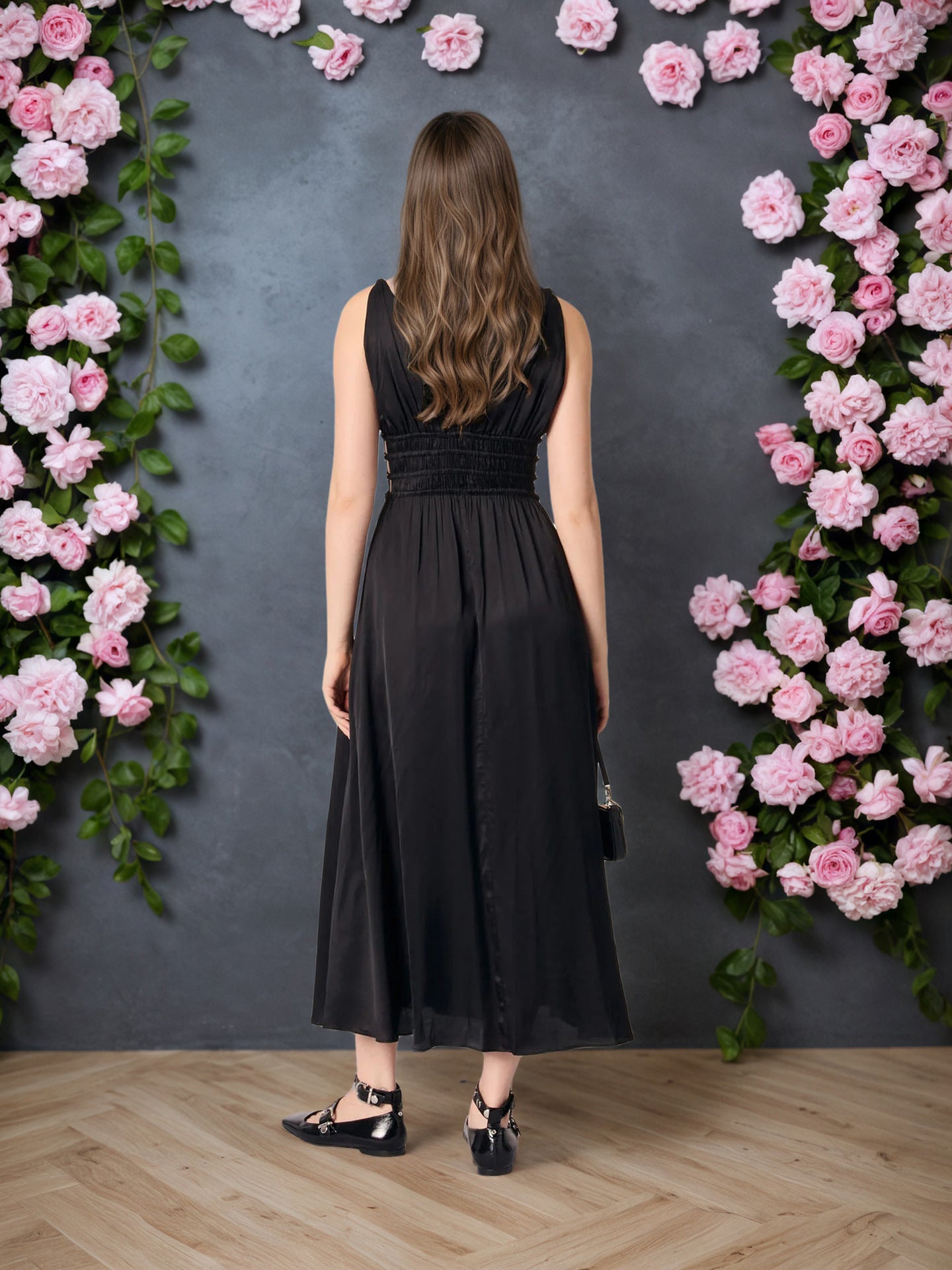 A-Line Maxi Dress with Deep V-Neck and Ruched Waist
