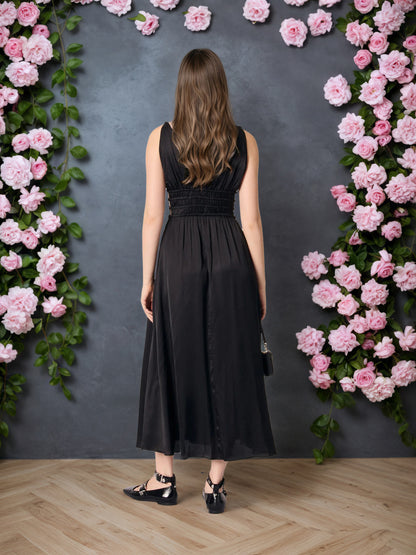 A-Line Maxi Dress with Deep V-Neck and Ruched Waist