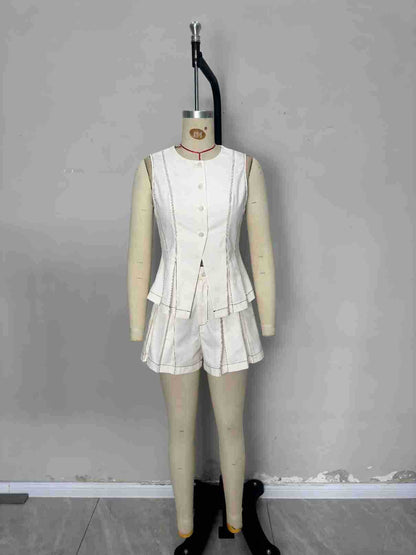 Apricot Sleeveless Peplum Top & Pleated Shorts Set with Topstitching