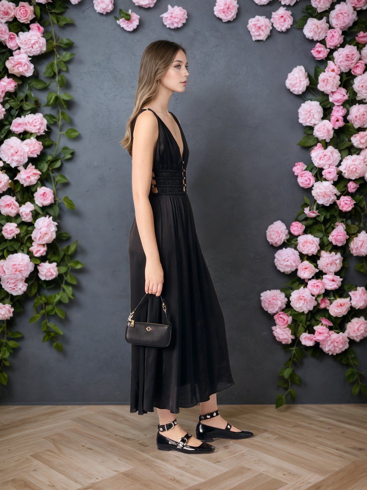 A-Line Maxi Dress with Deep V-Neck and Ruched Waist