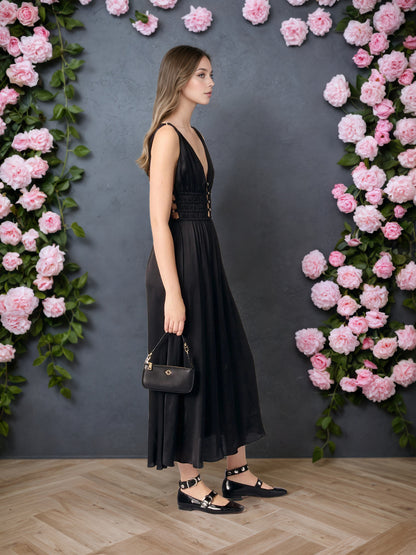 A-Line Maxi Dress with Deep V-Neck and Ruched Waist