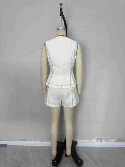 Apricot Sleeveless Peplum Top & Pleated Shorts Set with Topstitching