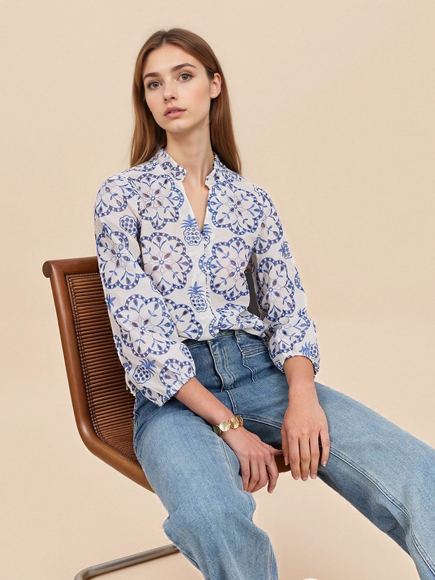 Blue and White Floral Blouse with Ruffled Collar and Scalloped Hem