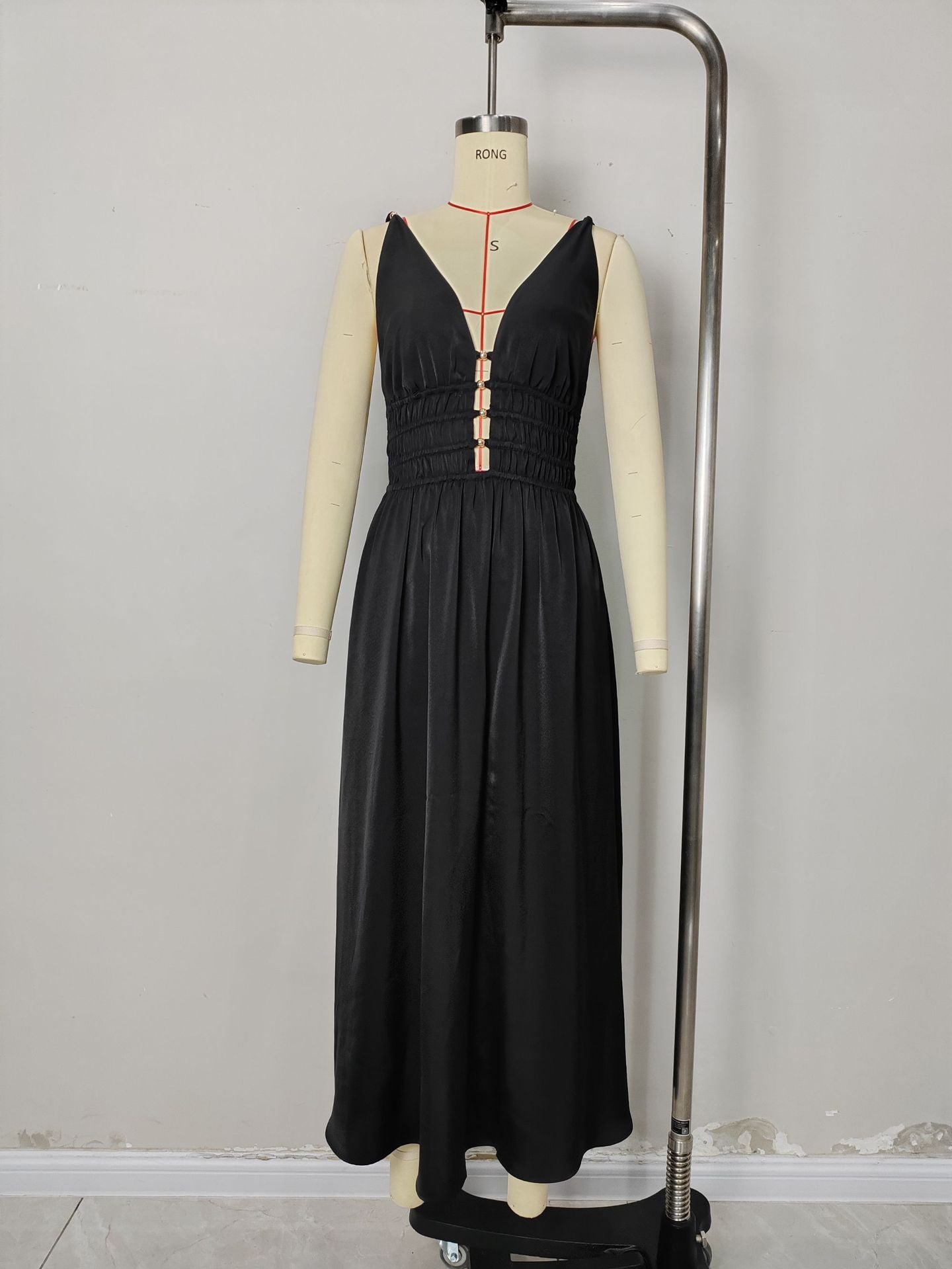 A-Line Maxi Dress with Deep V-Neck and Ruched Waist