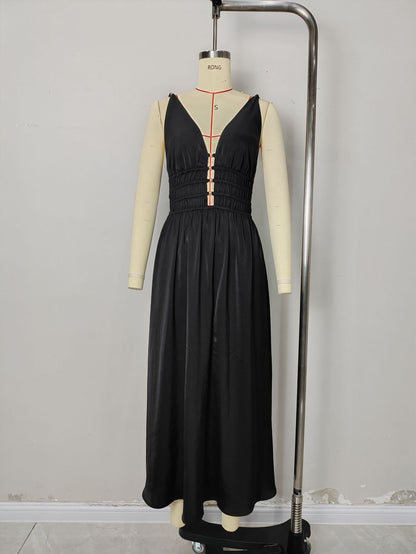 A-Line Maxi Dress with Deep V-Neck and Ruched Waist