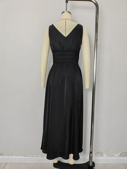 A-Line Maxi Dress with Deep V-Neck and Ruched Waist