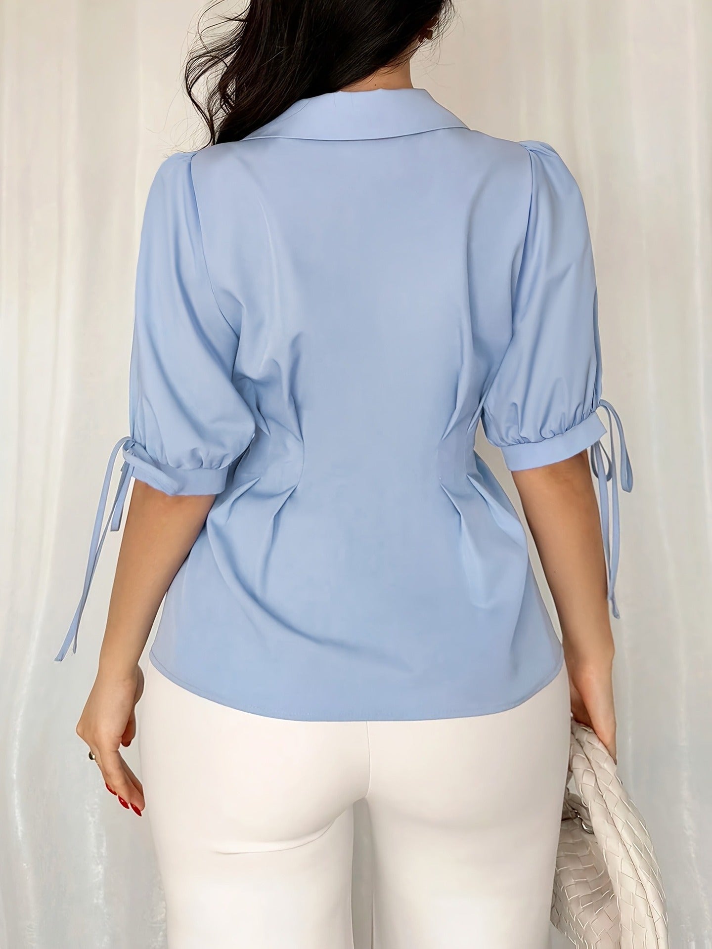 Solid Lapel Blouse with Pleated Waist and Puff Tie-Cuffs