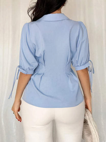 Solid Lapel Blouse with Pleated Waist and Puff Tie-Cuffs