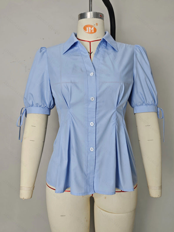 Solid Lapel Blouse with Pleated Waist and Puff Tie-Cuffs