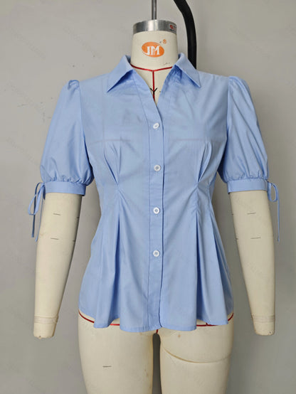 Solid Lapel Blouse with Pleated Waist and Puff Tie-Cuffs