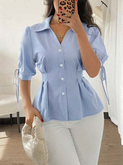 Solid Lapel Blouse with Pleated Waist and Puff Tie-Cuffs