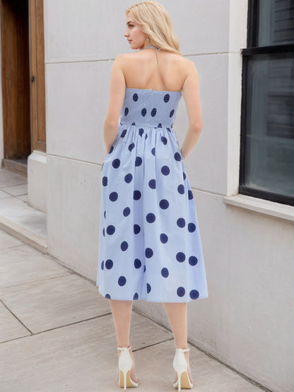 Polka Dot A-Line Midi Dress with Strapless Neckline