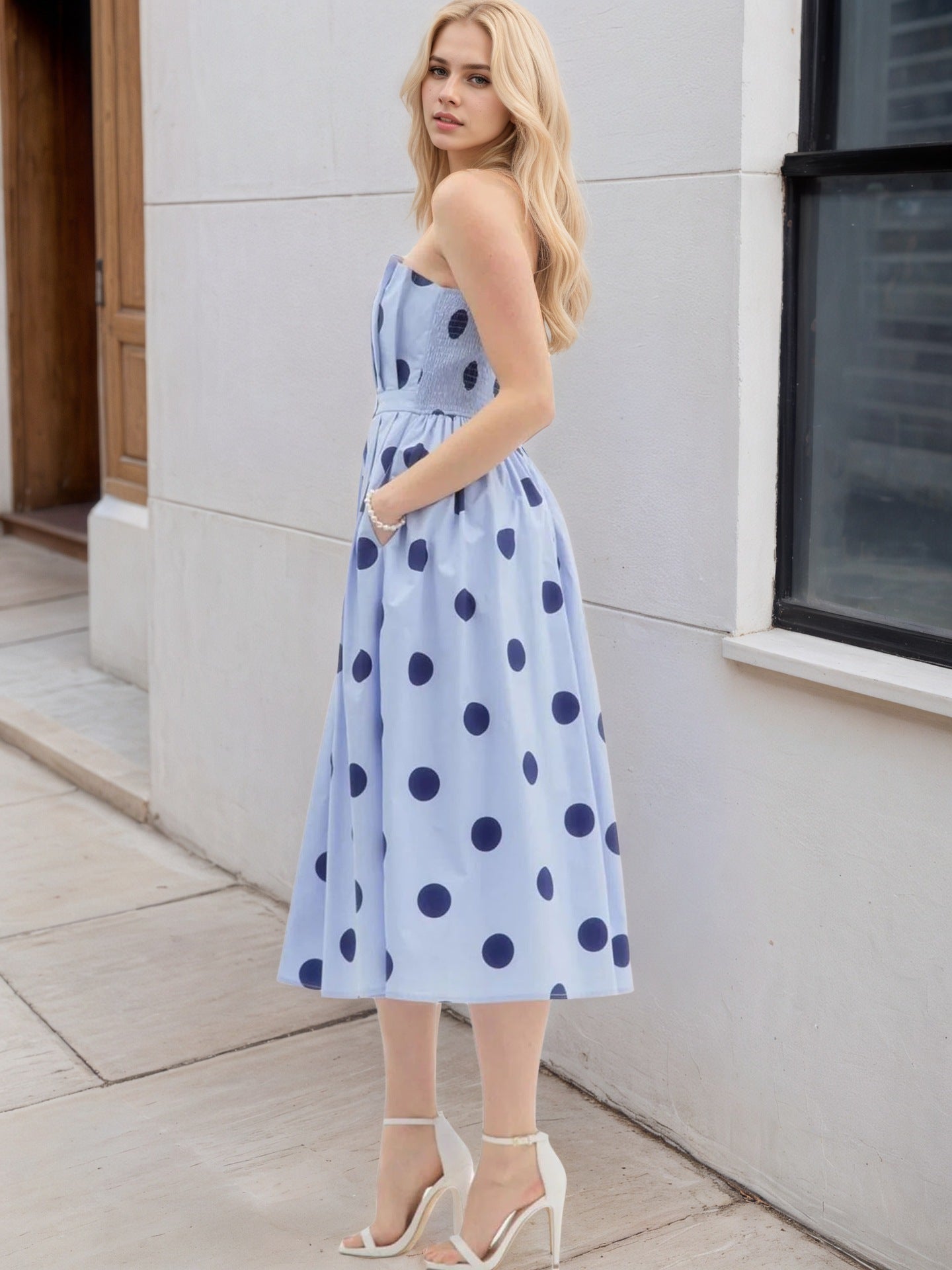 Polka Dot A-Line Midi Dress with Strapless Neckline