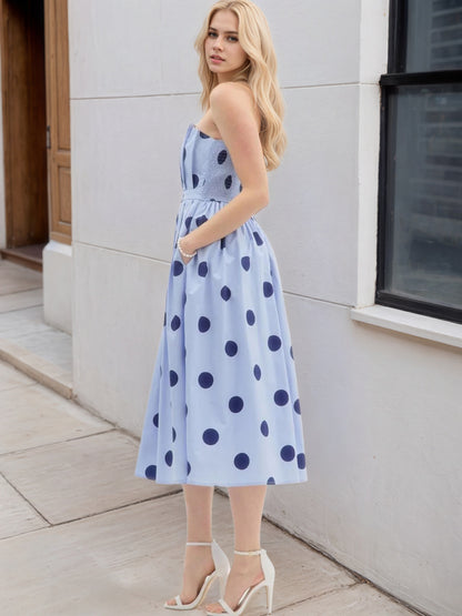 Polka Dot A-Line Midi Dress with Strapless Neckline