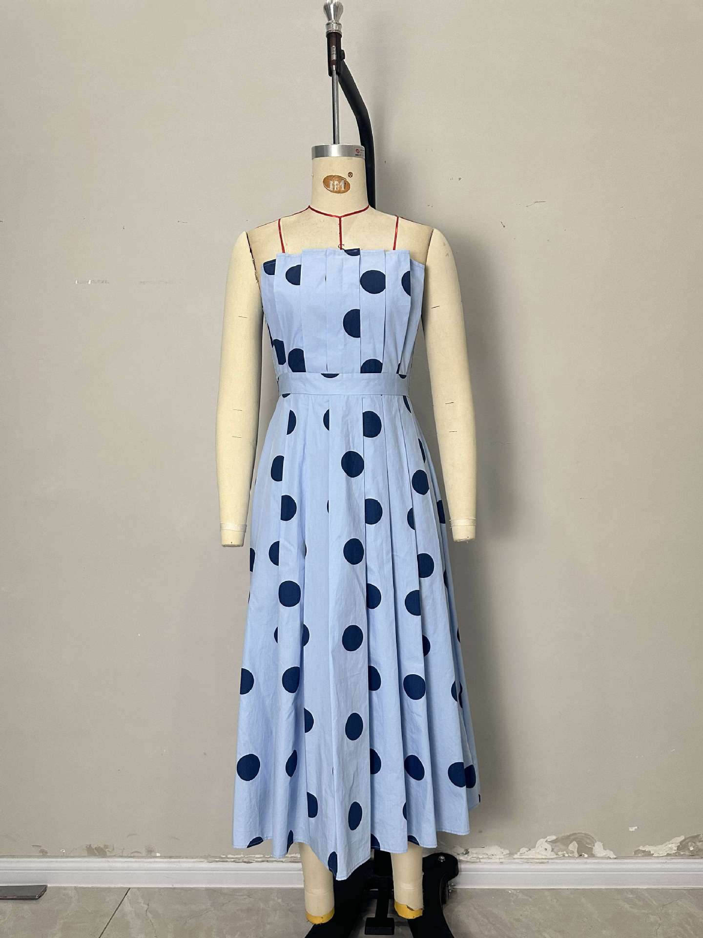 Polka Dot A-Line Midi Dress with Strapless Neckline