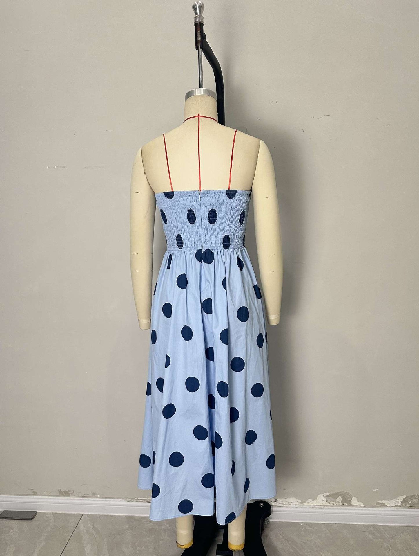 Polka Dot A-Line Midi Dress with Strapless Neckline