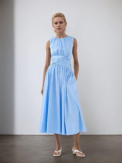 Sleeveless Midi Dress with Gathered Front and Shirred Back Waist