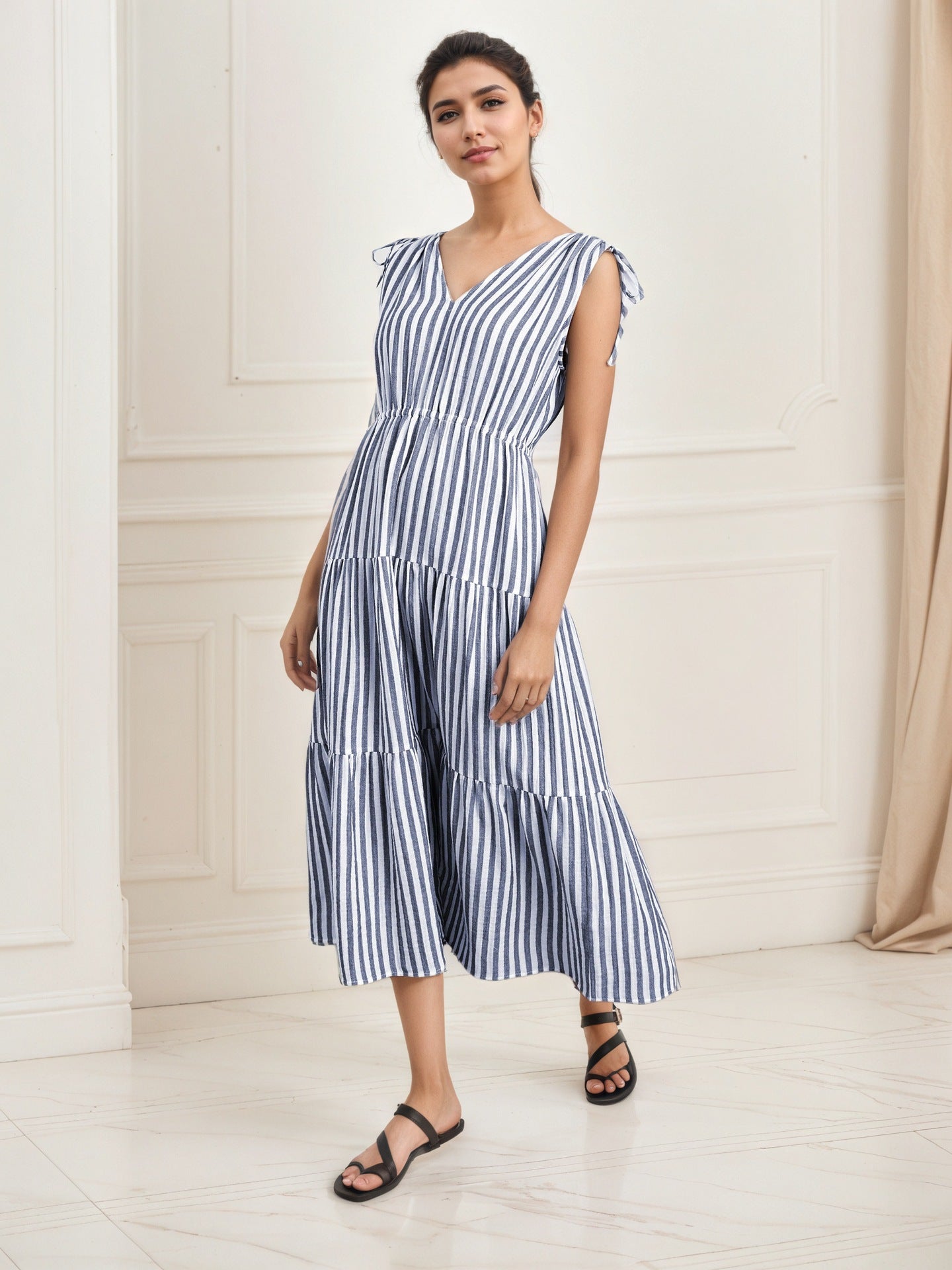 Striped Tiered Midi Dress with V-Neck and Tie Shoulders
