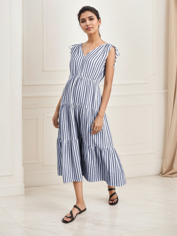 Striped Tiered Midi Dress with V-Neck and Tie Shoulders