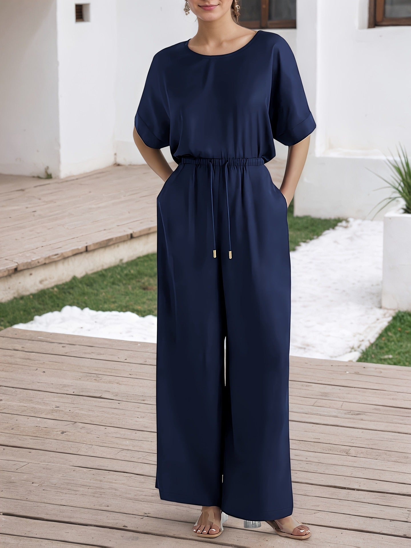 Solid Relaxed Fit Set with Short Sleeves and Drawstring Wide-Leg