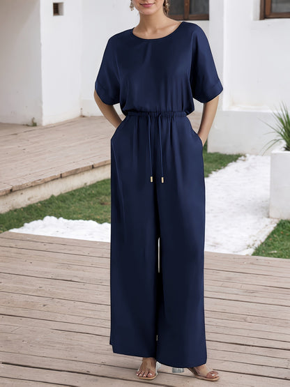 Solid Relaxed Fit Set with Short Sleeves and Drawstring Wide-Leg