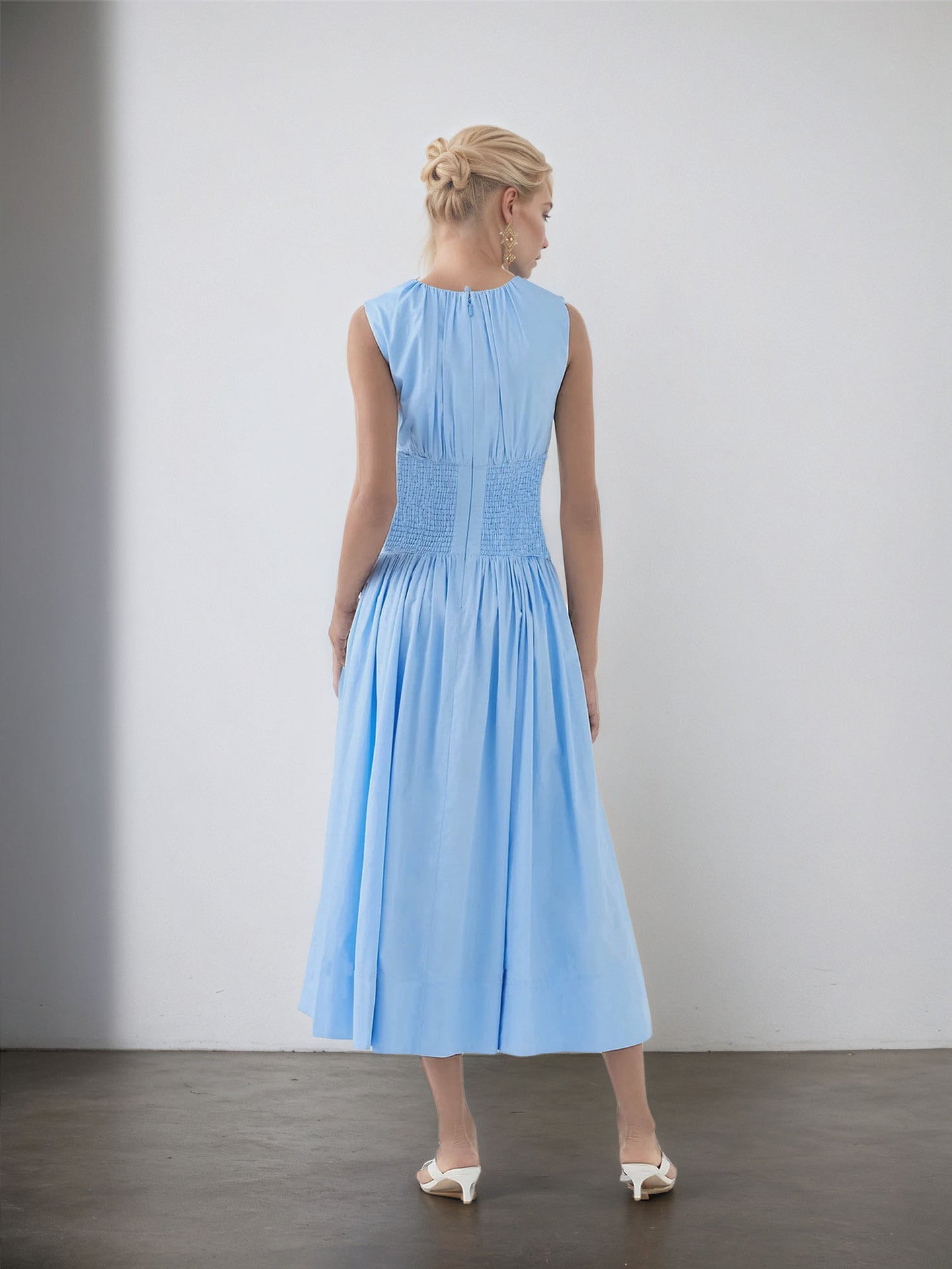 Sleeveless Midi Dress with Gathered Front and Shirred Back Waist