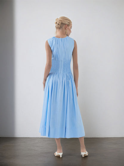 Sleeveless Midi Dress with Gathered Front and Shirred Back Waist