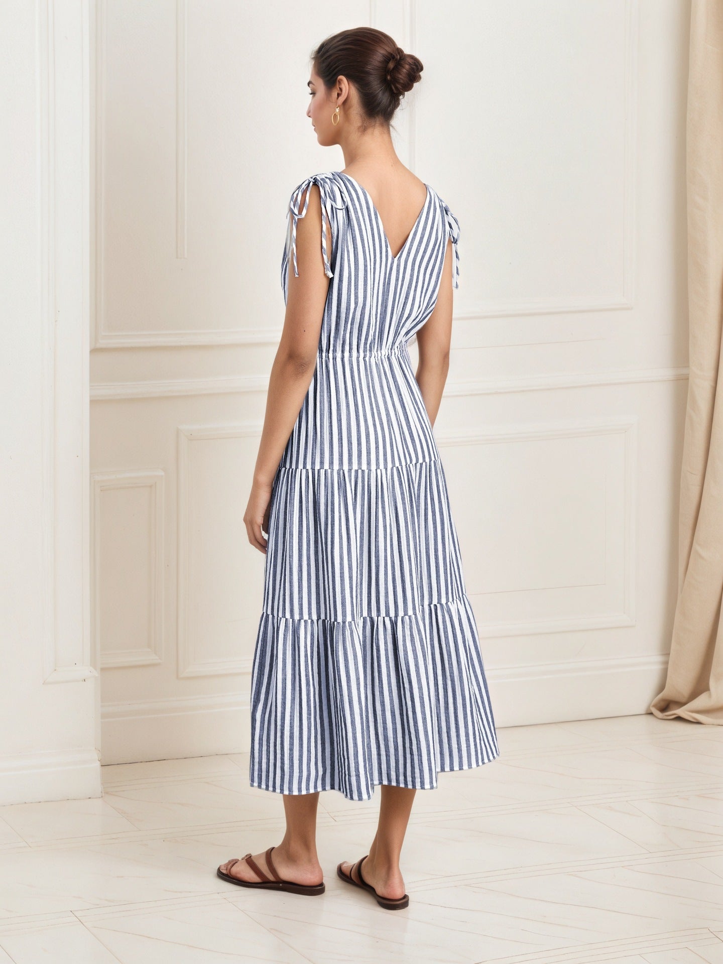 Striped Tiered Midi Dress with V-Neck and Tie Shoulders