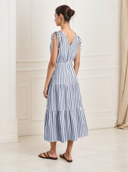 Striped Tiered Midi Dress with V-Neck and Tie Shoulders
