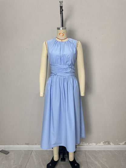 Sleeveless Midi Dress with Gathered Front and Shirred Back Waist