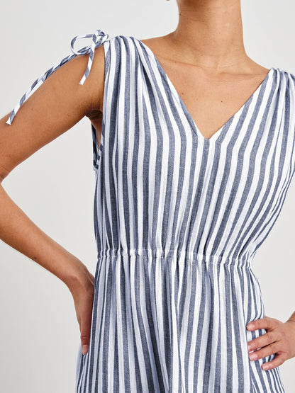 Striped Tiered Midi Dress with V-Neck and Tie Shoulders